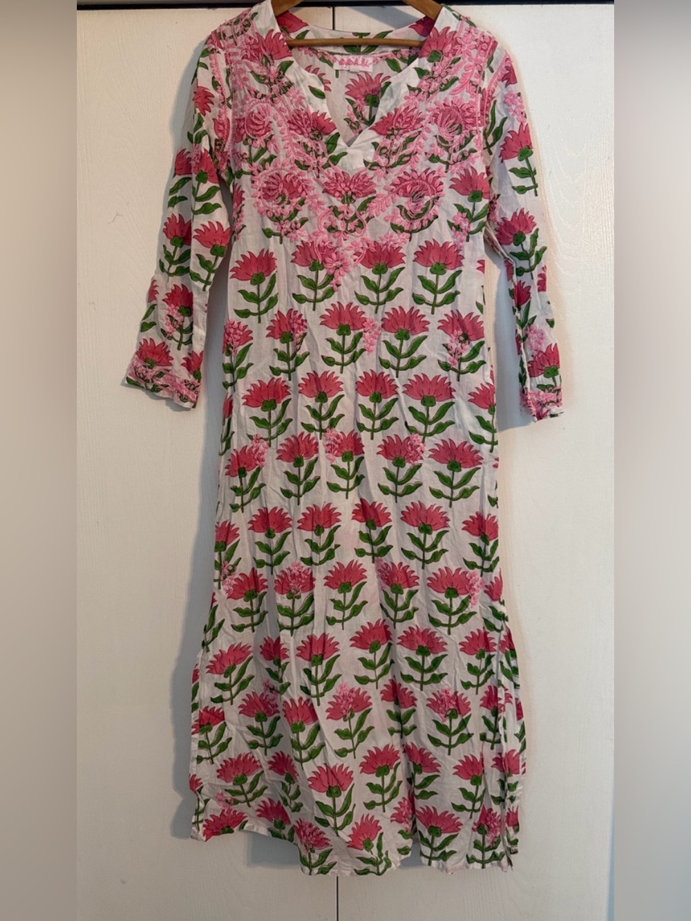 Mary Marshmallow cotton long maxi feminine dress pink floral embroidered sz S